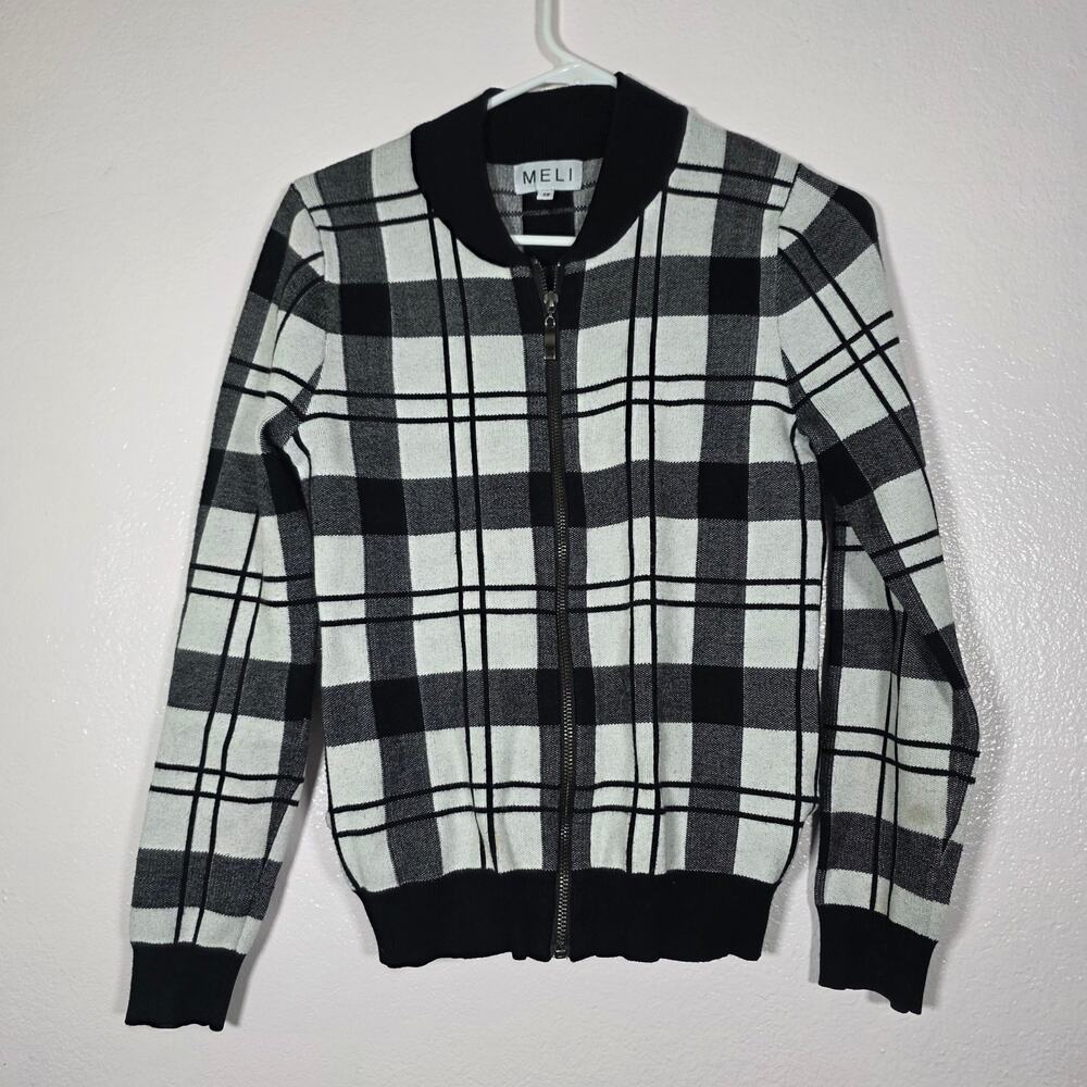 MELI Plaid Bomber Jacket Full Zip Black White Women's XS
